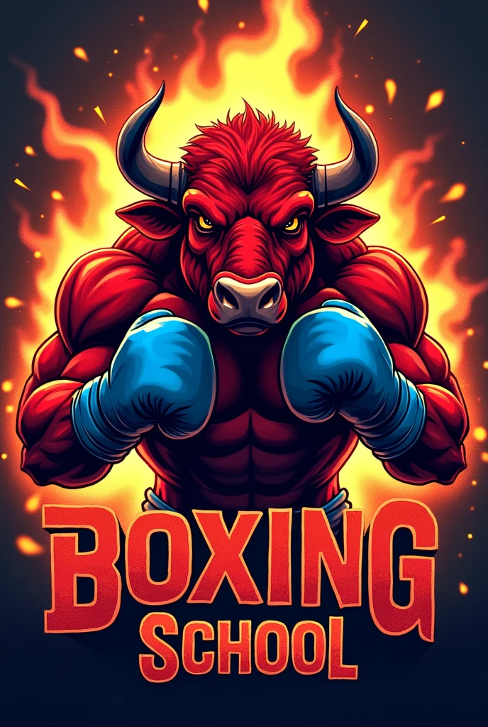 Boxing logo with a red Buffalo with blue boxing gloves. And fire around. With the phrase Boxing School