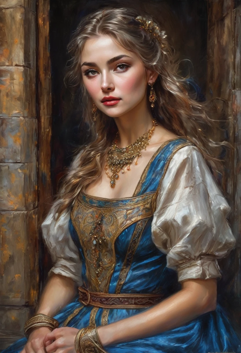 work of art, detailed artwork, portraite, Kizi, Middle Ages, Classicism, style of Andrey Atroshenko, painting-like, Traditional media, realisitic, Figurative, fine arts, oil on canvas, HDR, 8k, Original character, high resolution, high détail, focus on the face, intrikate, perfect