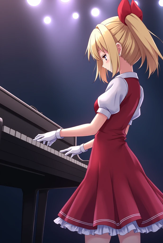 an anime style girl, in red dress, whitegloves, changing a piano on a stage, full of lights.