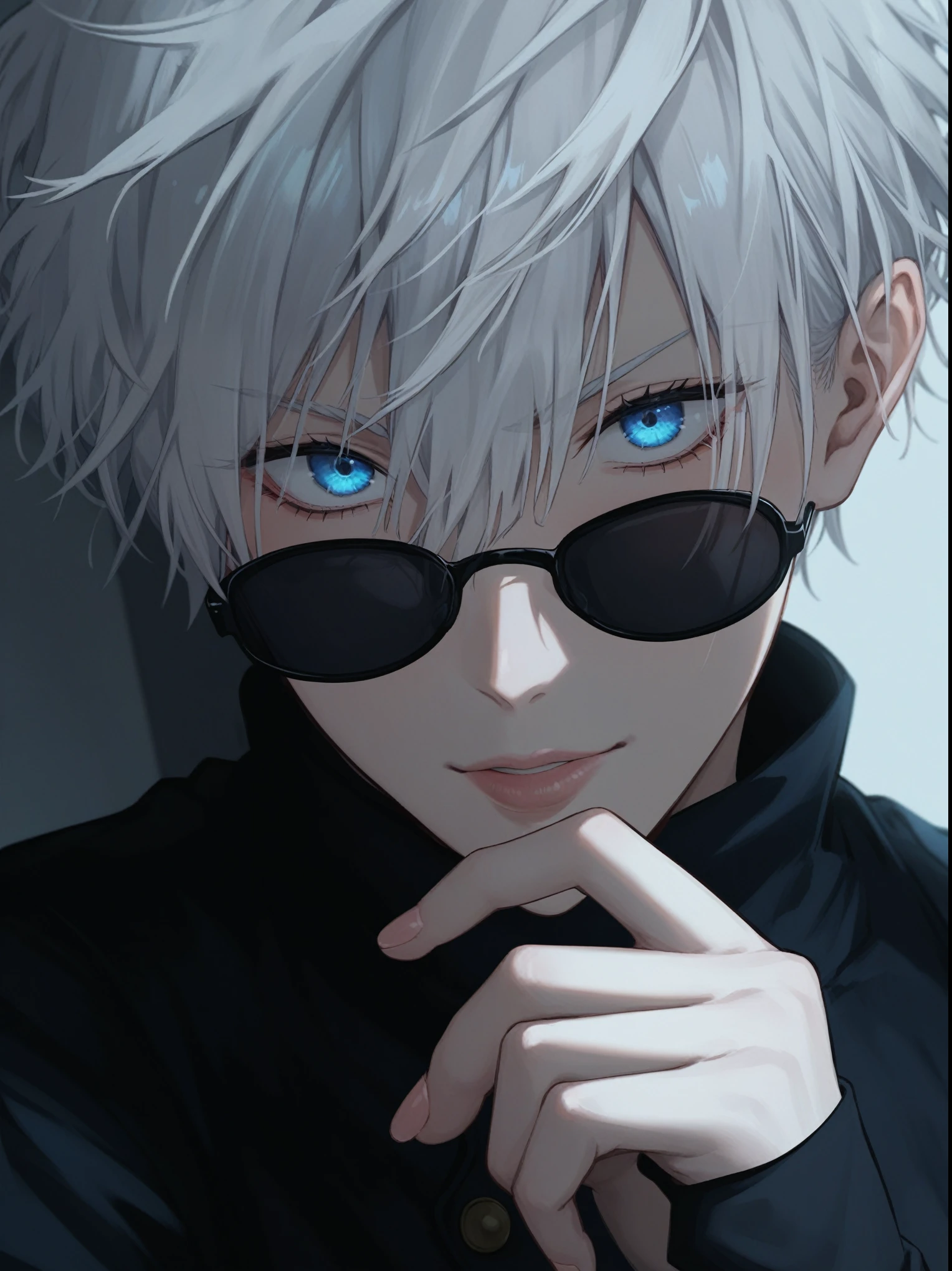 A close-up of a girl wearing a black turtleneck uniform, Satoru Gojo, Satoru Gojo female version, a girl with long, wavy white hair, bright blue eyes like Satoru Gojo from Jujutsu Kaisen, wearing thin-framed black sunglasses round shape, ((portrait)), ((detailed face:1.2)), ((anime face, anime facial feature, clear skin, glossy anime lips, clear skin), feminine features, fine details, anime, art.