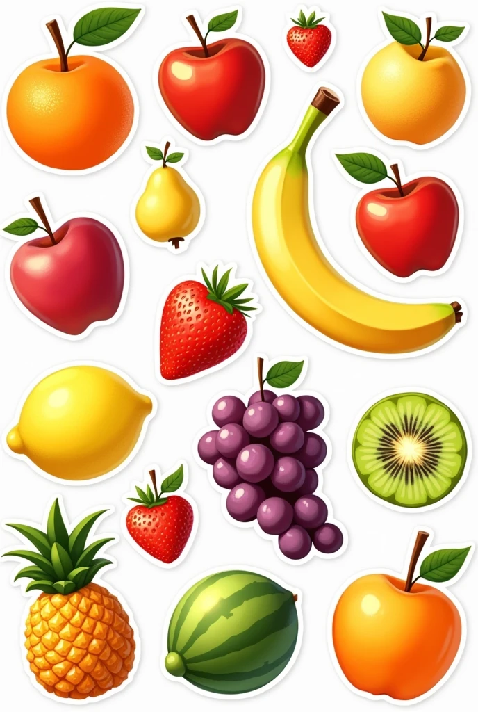 Sticker sheet with orange, apple, strawberry, banana, pear, grape, kiwi, ponkan, lemon, pineapple, watermelon, melon, papaya and other fruits without eyes
