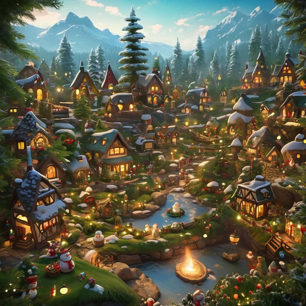 A small peaceful Christmas village in a snowy winter wonderland, cozy cottages with Christmas lights, Christmas trees, snowmen, children playing, warm fireplace, (best quality,4k,8k,highres,masterpiece:1.2),ultra-detailed,(realistic,photorealistic,photo-realistic:1.37),intricate details, warm color tones, soft lighting, christmas carol, peaceful, idyllic, winter landscape, snow-covered trees, beautiful sky