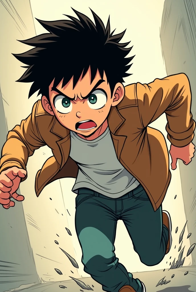 Manga style man, Innocent but mature looking, scared looking back running trying not to lose balance