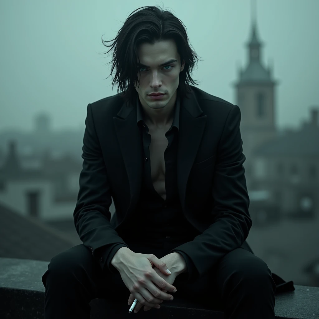 A sexy male with teal blue eyes and long black hair, with a nice and delicate facial features, dressed in gothic clothes, his skin is pale and white, he's smoking a cigarette while sitting the edge of the rooftop. He is looking unhappy. (Male) (Black and white) (Make it realistic) ((no facial hair)) ((no body hair)) ((gloomy atmosphere)) (smoky atmosphere)) ((masterpiece)) (gloomy) ((detailed)) ((looking down at the camera))