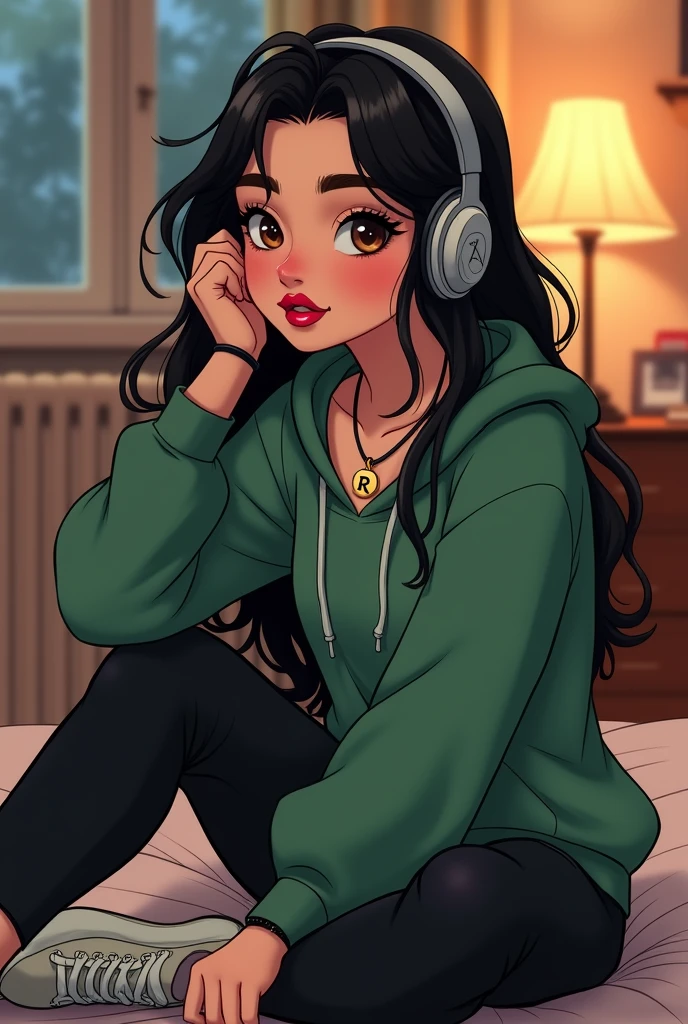 I want a Disney version girl dressed in black pants and a green hooded sweatshirt. The girl has long black hair, long eyelashes, a red mouth. She is white-skinned and has brown eyes. She wears cover sneakers. She has a pendant on her neck that has the letter R on it. She has black bracelets on her hands. She is sitting in her room listening to music with her headphones.