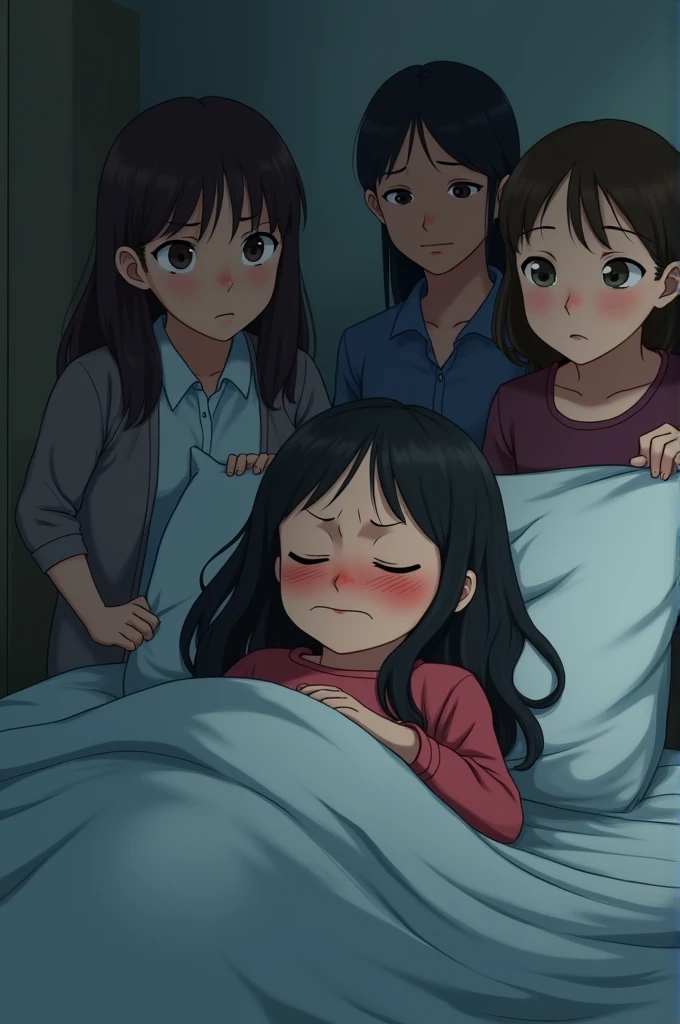 Sick brunette girl lying in bed her family is worried