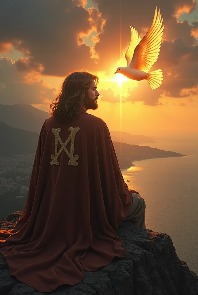 create an image for me, a with dark blonde hair, covered with a brown cloak with the symbol of a cross inside the M, in back, sitting on top of a mountain, in the sky there is a hand that comes out of a cloud and a luminous dove of light and fire that touches the folders in the mouth of the , facing a city and plantations that are being built on the sea side. with a contrast between sunset and night