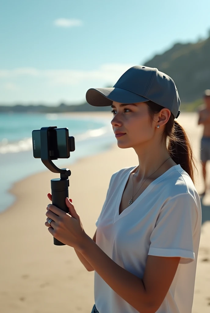 An ultra-realistic image of a brunette test person wearing a cap filming a character on a beach with a cell phone gimbal in horizontal format