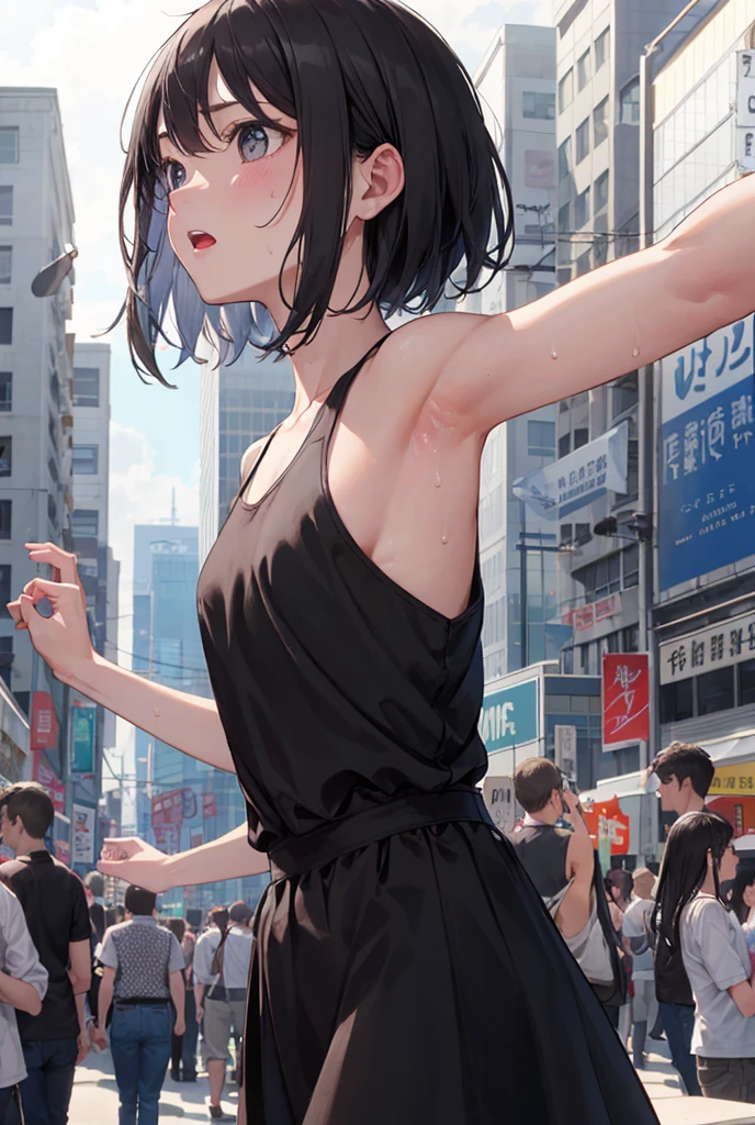 Highest quality、Super quality、Very Short Hair、Black Dress、Black Hair、Mid-chest、One Woman、Raising left arm、Armpit、bustling street、Angle looking up from below、confidence、Highest quality、Expressionless、cool、Upper Body、Armpitのアップ、From the side、Staring at the audience、Mouth closed、Armpit sweat