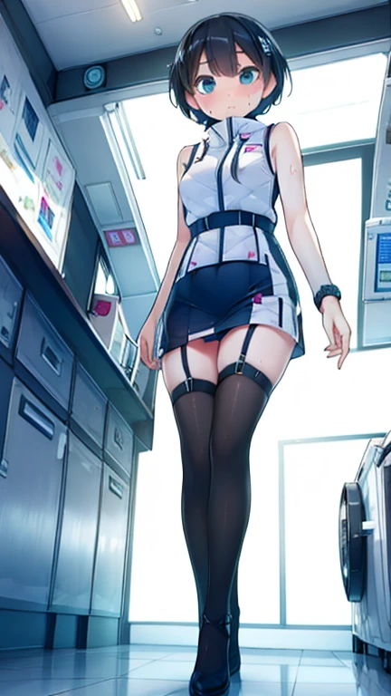 (Highest quality), (masterpiece), 1080P, High resolution, 4K, 8k, Inside the space station、Futuristic room、Thigh straps, Shooting from directly below, The woman on top of me, 白いSweat, Covered , Sweat, Woman looking down, Skirt swimsuit, Thigh-high socks, To achieve this, , , whole body, Black leather shoes, Braided hair, Inner Color, Embarrassed face, Short black hair, bracelet, Bedroom,celestial body_Vest