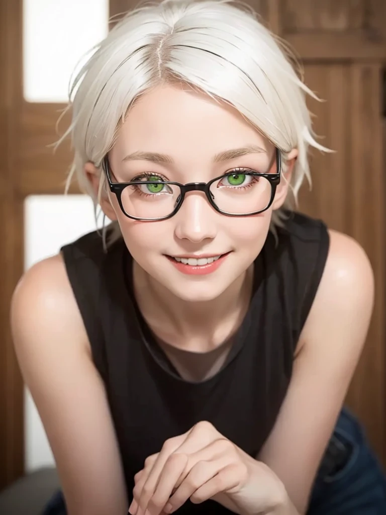(representative work:1.4), (8K, realistic, RAW photo, Highest image quality:1.4), (14 year old girl), (smile:1.4), (side hot:1.1), beautiful face, (realisticな顔), ((glasses)), (white hair, short hair:1.3), beautiful hairstyle, realistic eyes, Detailed and beautiful eyes, (realisticな肌), beautiful skin, (close up:1.1), charm, 超High resolution, (green eyes:1.3), glasslike eyes,
