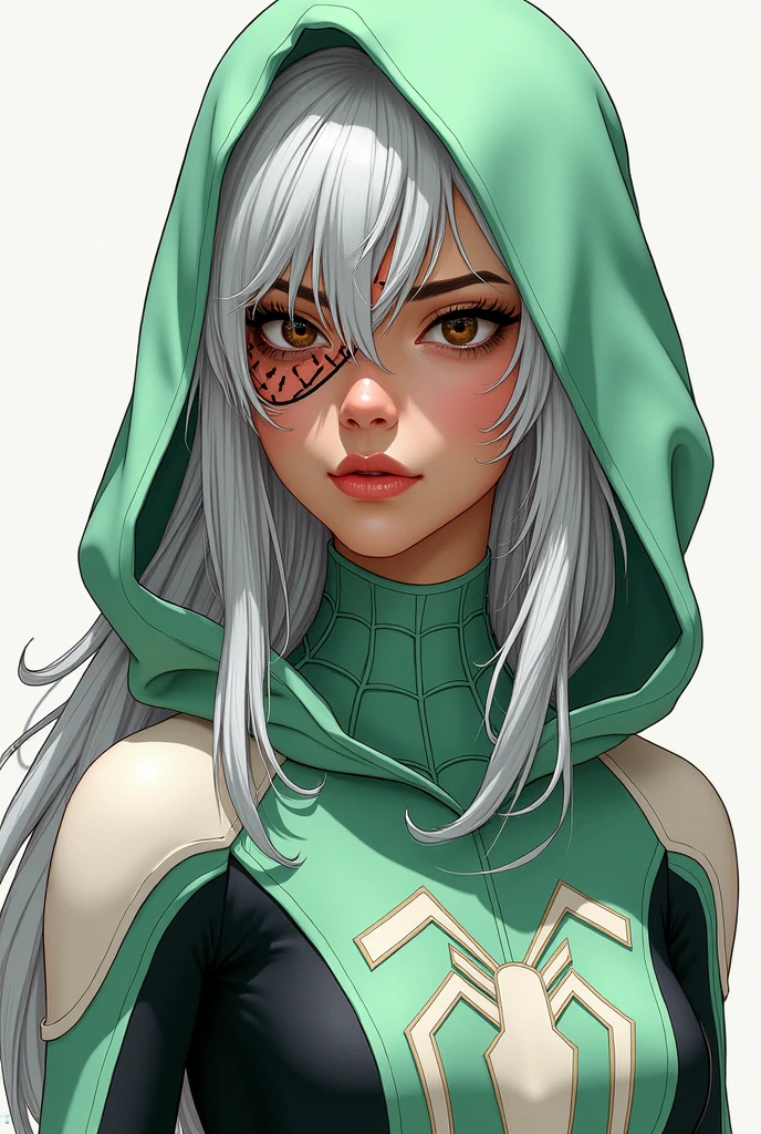 drawn in a spiderverse artstyle, a woman, 20 years old, southeast asian, knee length platinum white thin straight hair (black on the roots), wears light green colored spiderman suit as a top (the suit has a hood), her left eye is, and her right eye is brown, has a big scar across her left eye, light tan skin, white eyebrows and white eyelashes, in a stoic expression