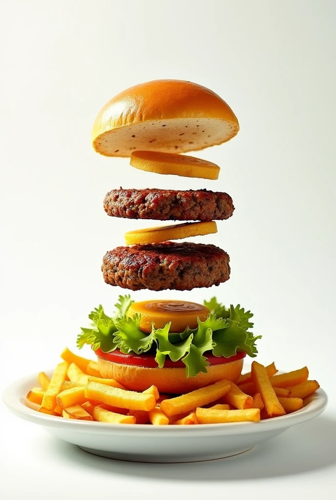 I want a burger in exploded view but instead of bread I want crushed green bread also known as patacón on top of a white plate with a portion of fries