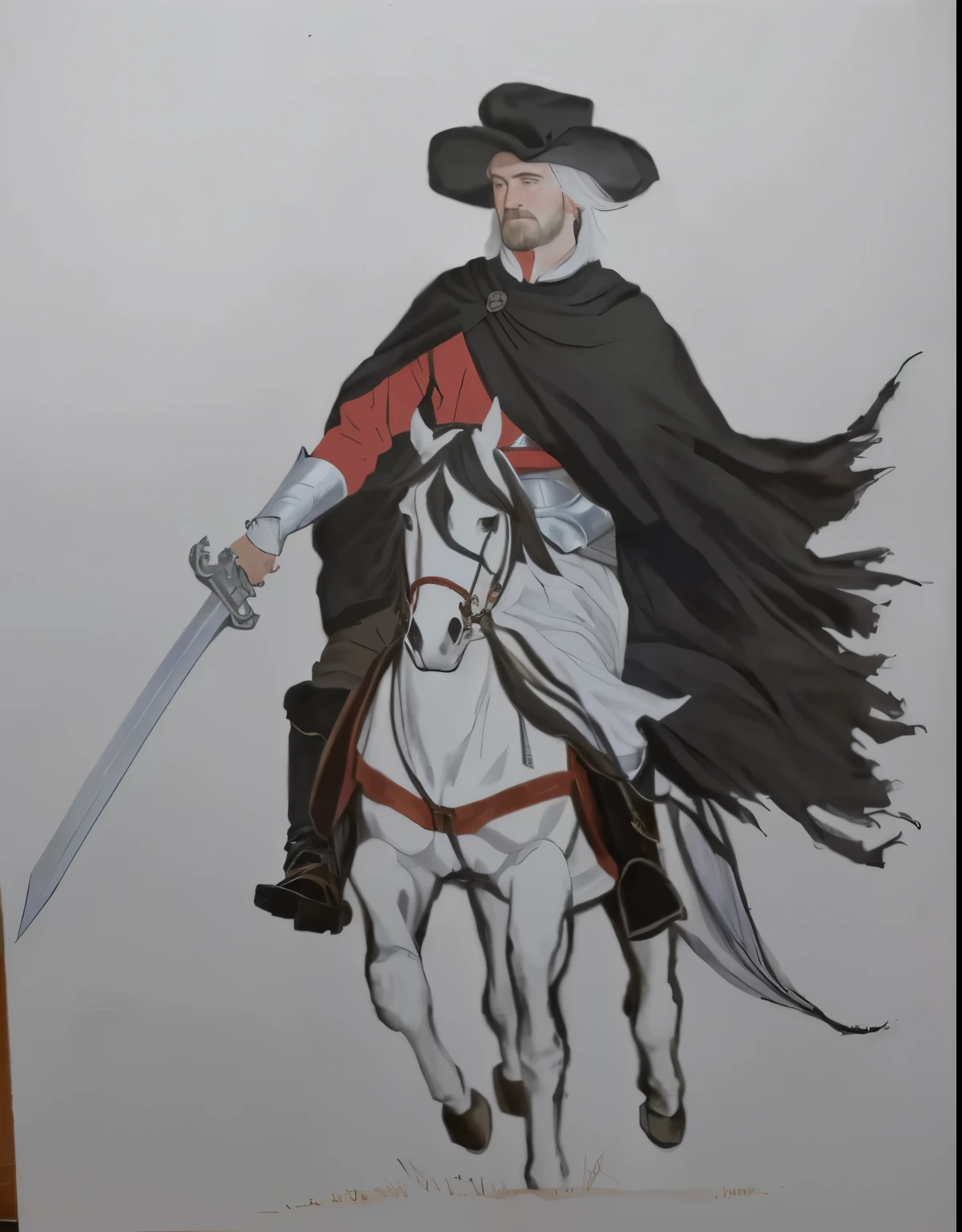 painting of a man with a sword and a red shirt, Riding on a white horse, as a medieval fantasy character, inspirado em Robert Walker Macbeth, inspired by Clovis Trouille, painting of a knight, inspired by Ambrosius Holbein, inspirado em Eleanor Fortescue-Brickdale, boromir in an 80\animes world, inspired by Edmund Greacen