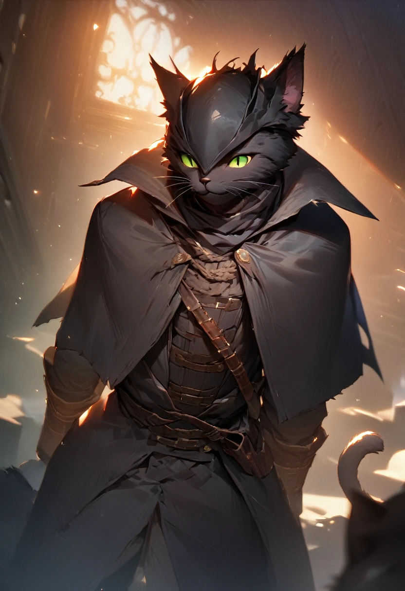 masterpiece, expressive eyes, perfect face, best quality, 1boy, male focus, solo focus, Adult, Tabaxi, Black fur, Cat, Cat tail, Green eyes, Rogue, bloodbourne, black capelet,(best quality,4k,8k,highres,masterpiece:1.2),ultra-detailed, HDR, UHD, studio lighting, ultra-fine painting, sharp focus, physically-based rendering, extreme detail description, professional, vivid colors
