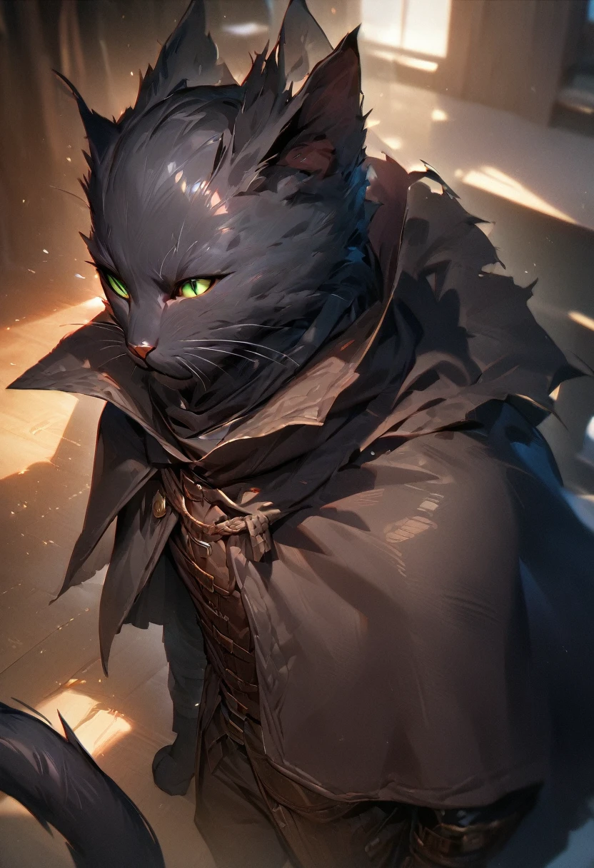 masterpiece, expressive eyes, perfect face, best quality, 1boy, male focus, solo focus, Adult, Tabaxi, Black fur, Cat, Cat tail, Green eyes, Rogue, bloodbourne, black capelet,(best quality,4k,8k,highres,masterpiece:1.2),ultra-detailed, HDR, UHD, studio lighting, ultra-fine painting, sharp focus, physically-based rendering, extreme detail description, professional, vivid colors
