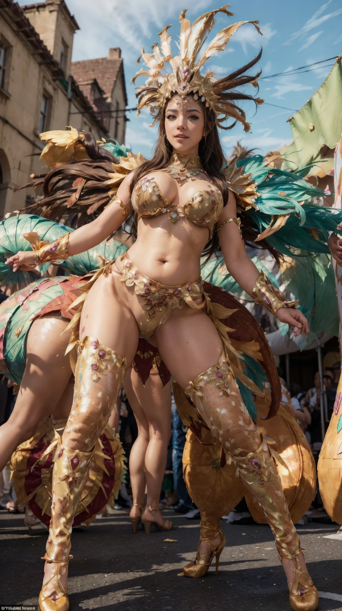 Highest quality, Official Art, masterpiece, Fabric Shading, High resolution, Very detailed, colorful, Best details, ((High leg samba micro costume:1.7, Costume fabric area reduced:1.6)), 1 mature woman, Age 48, Brown Hair, Medium Hair, Big Ass:1.9, (A little chubby:1.3), Obscene, (Increase waist circumference:1.3), (Lower abdominal fat:1.3), (lower abdominal fat:1.3), {{{{{Dancing enthusiastically in a parade:1.9}}}}}, A bustling boulevard, sunny, skinny, {{Surrounded by male photographers:1.9}}, She has been photographed by many male photographers..:1.7, There is a snowstorm, Blessed, welcome:1.5, Camel Toe:1.9, Ground level shot, Front image, Turn your body towards the camera, (Face the camera:1.3),