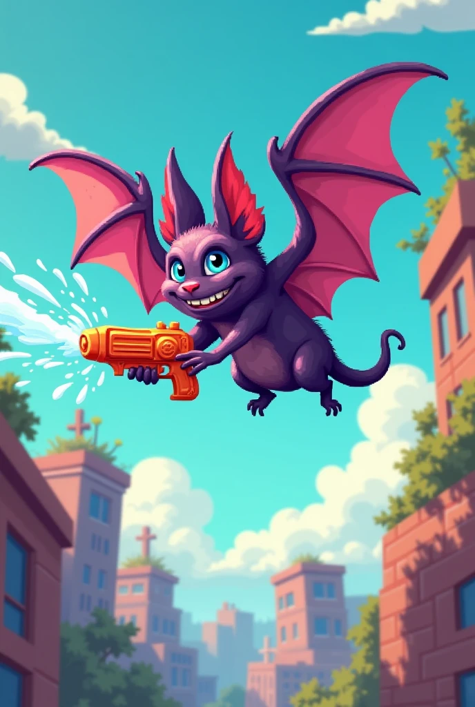 Draw a bat with a water gun,2d and pixel flying sideways