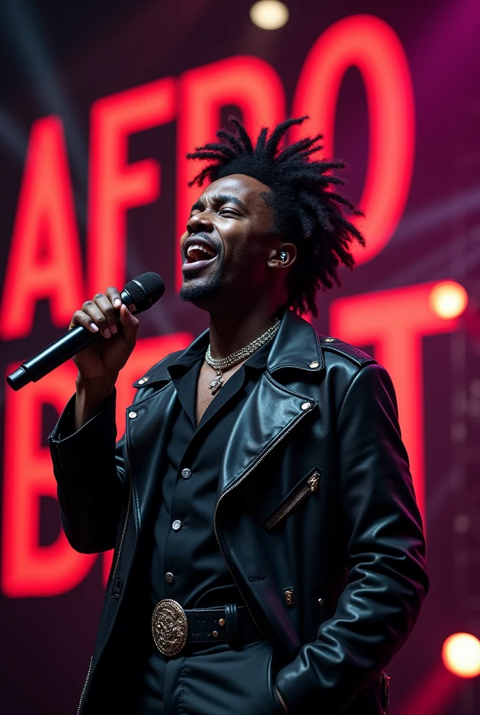 Afro male in a Gothic outfit singing with the word Afrobeat boldly written on the Background