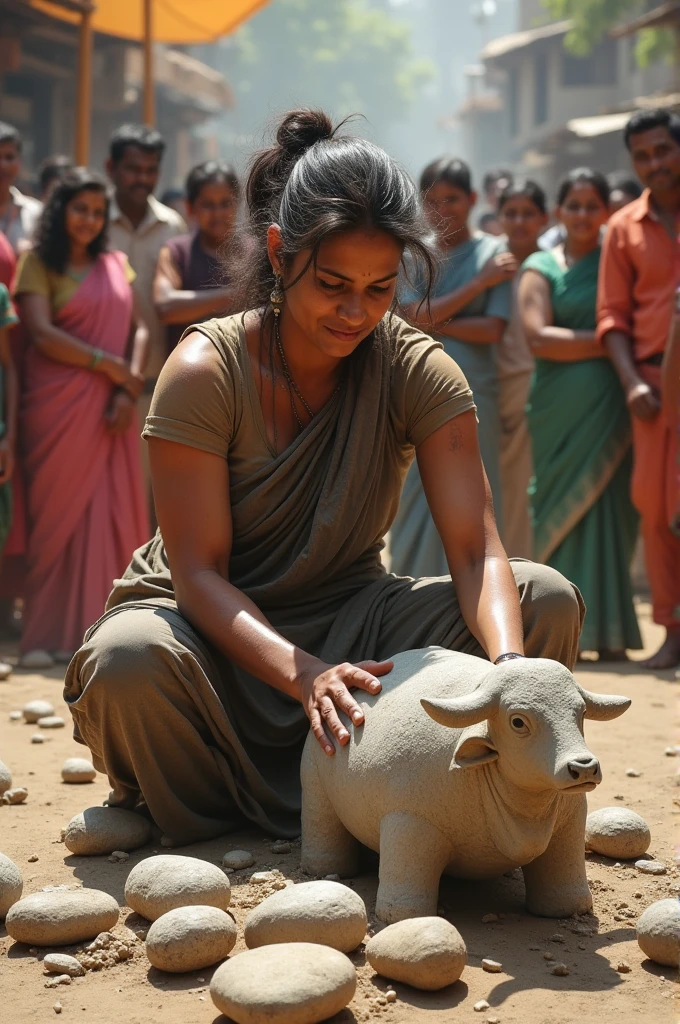 Create an image that represents an Indian artist with her worn clothes, somewhat dirty, making a sculpture with stones of a cow and people watching since they are in a public square
