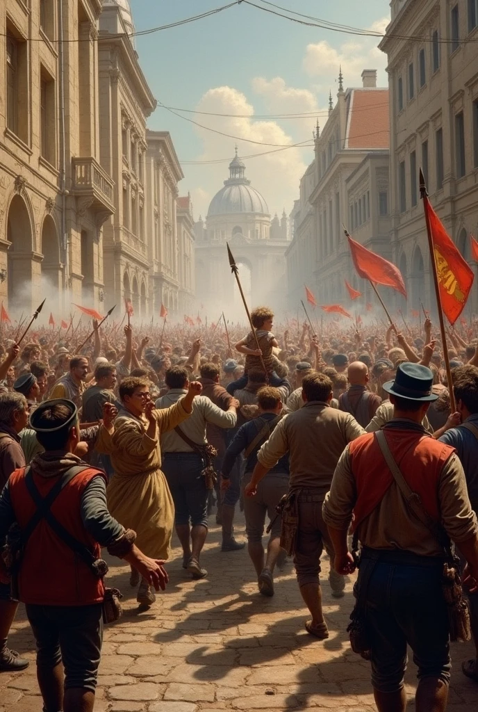 (best quality, oil painting, rich texture by Greg Rutkowski:1.2), King Alaric I, commanding presence, rallying his (Visigoth warriors:1.4) in a monumental battle against the Roman Empire, 5th-century backdrop, crumbling Roman architecture, city in chaos, realistic style, dramatic lighting, swirling dust, brave warriors engaged in fierce combat, expressions of determination, chaotic atmosphere, vibrant colors, mid-action composition, capturing the pivotal moment of conquest.
