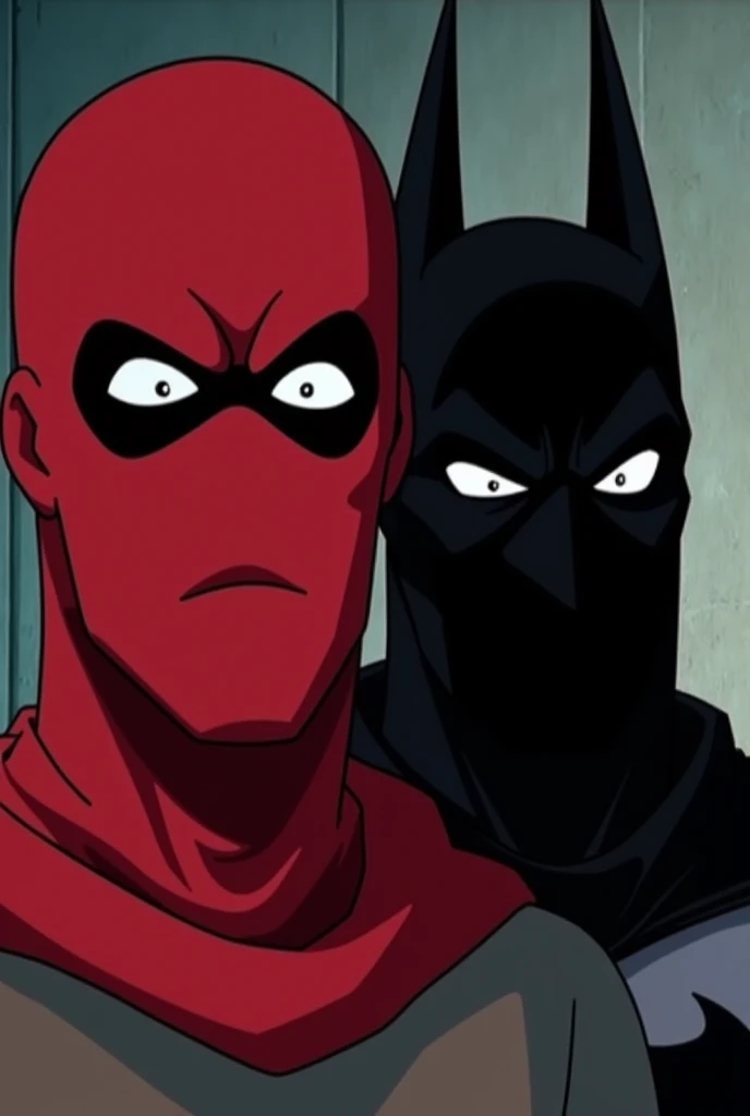 a man with a red balaclava and a balaclava and another with a black balaclava in the style of Batman Animated Series