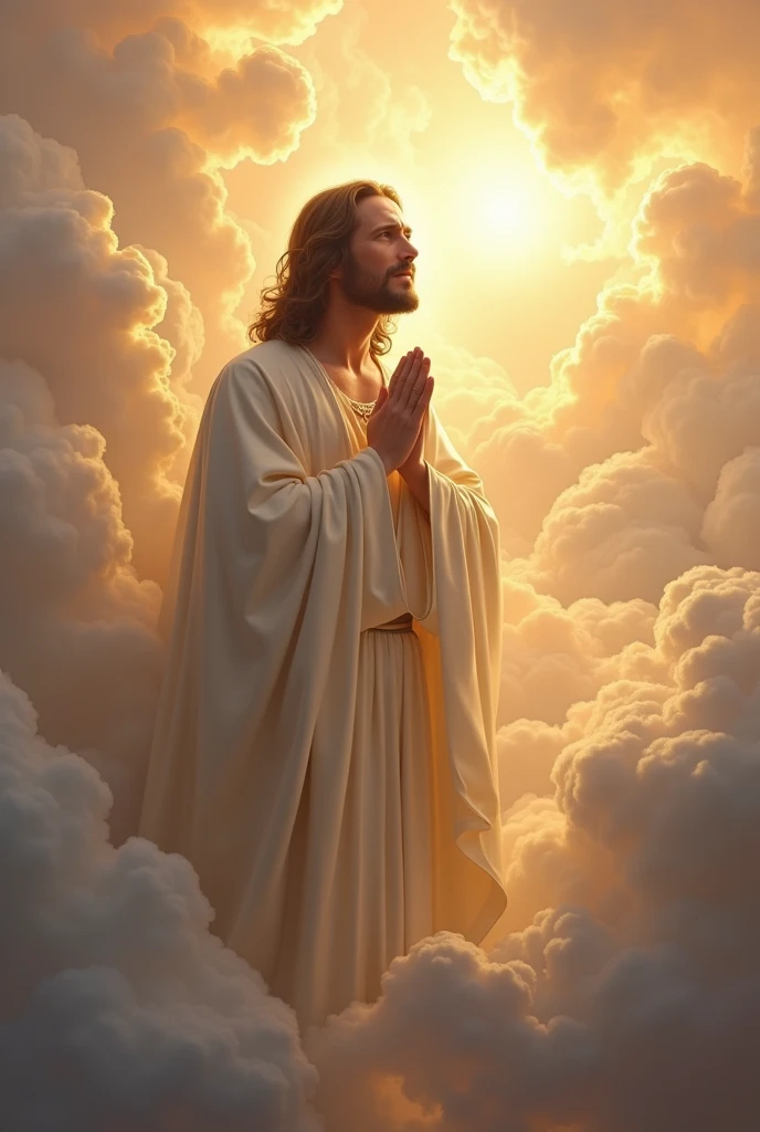 (photorealism:1.2), handsome Jesus Christ, crying while praying in the clouds, wearing white king clothes with light in his head and heart spreading all over in the clouds, perfect Jesus Christ, real Jesus Christ, perfect five hands, perfect crying face, elegant, soft lighting, many clouds, stand straight, realistic, intricate details, warm colors, by Earl Cornelio Necor