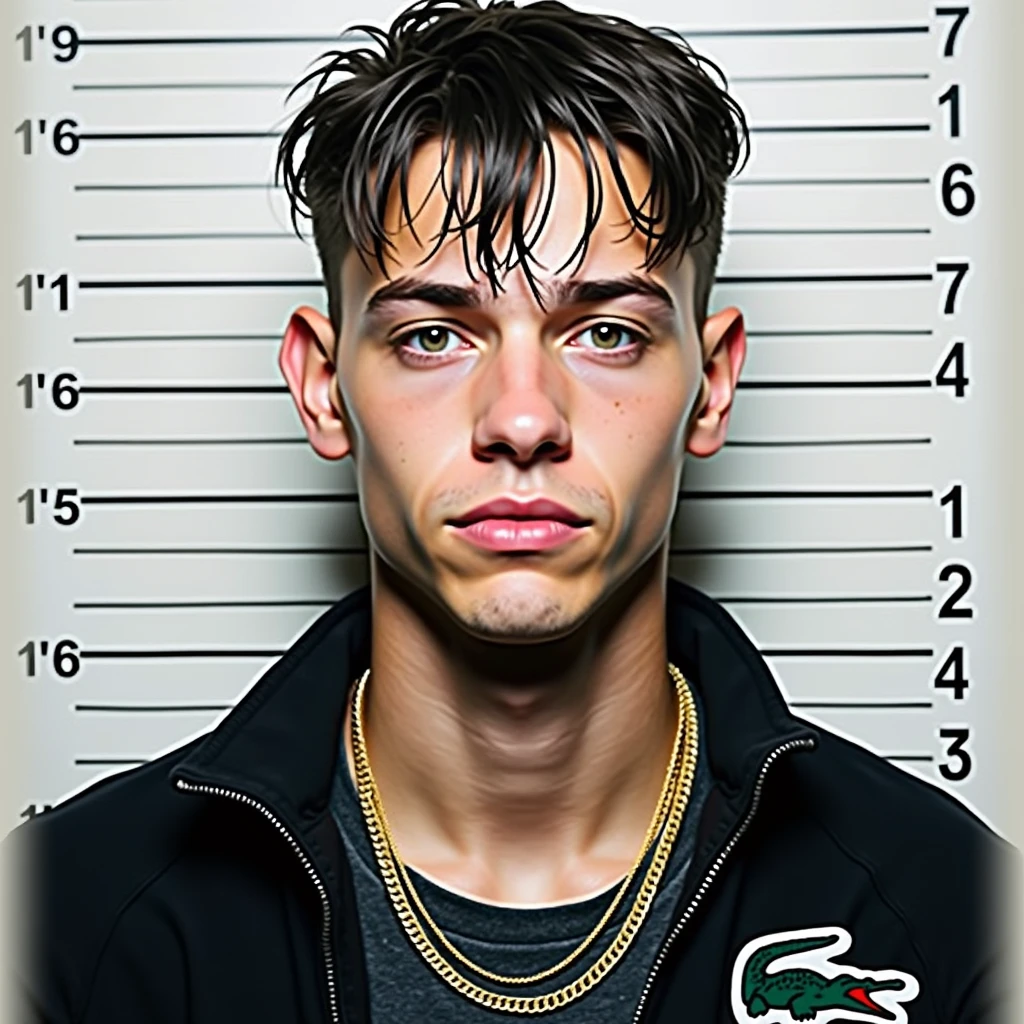 3x4 photo mugshot of a handsome italian
boy with an italian blue hazel eyes
look and taper fade wet hair wearing
a thin gold chain and a lacoste jacket
with a little smirk, a guy of 18 years