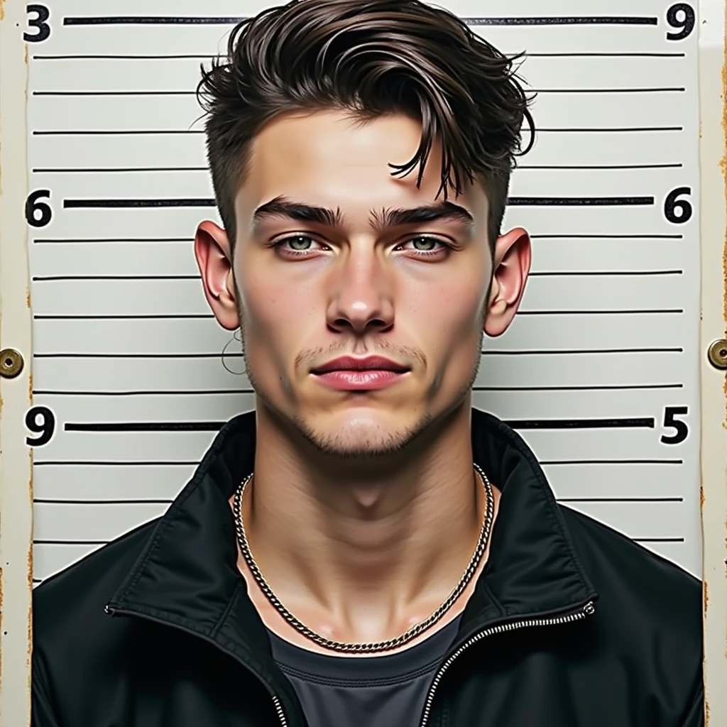 3x4 photo mugshot of a handsome italian
boy with an italian blue hazel eyes
look and taper fade wet hair wearing
a thin gold chain and a lacoste jacket
with a little smirk, a guy of 18 years