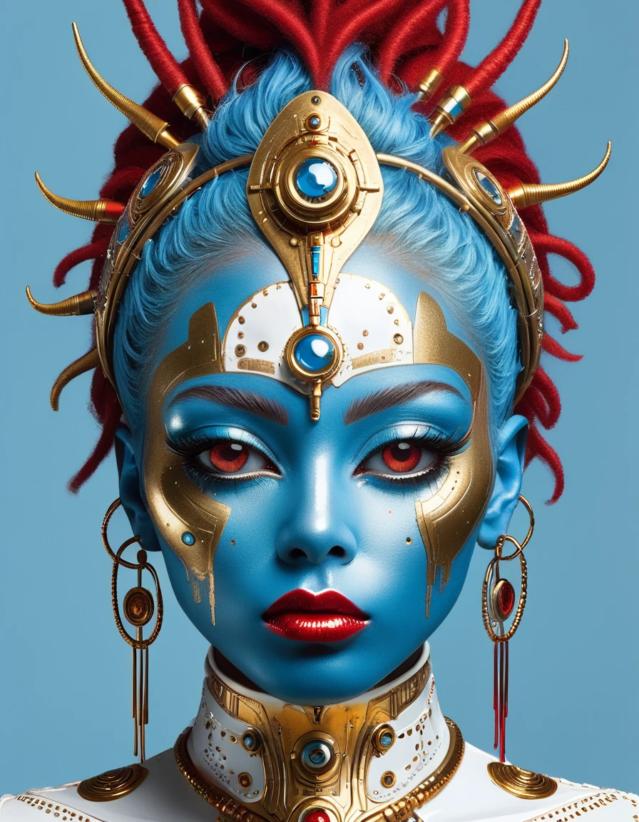 In the style of cyberpunk futurism, African influence, raw etam, light blue and gold, Michael Creese, Steelpunk, Michael Hussar, white background, best quality, high quality, editorial photo, absurdists, masterpiece, intricate detail, film grain, intense red