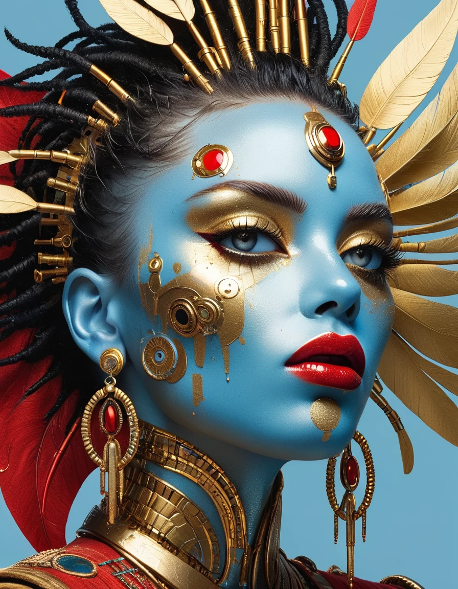 In the style of cyberpunk futurism, African influence, raw etam, light blue and gold, Michael Creese, Steelpunk, Michael Hussar, white background, best quality, high quality, editorial photo, absurdists, masterpiece, intricate detail, film grain, intense red