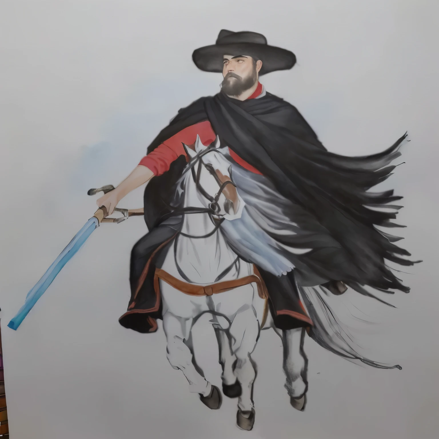 desenho de um nativo Gaucho, homem com red shirt segurando uma espada, bomber pants, Gaucho, black poncho scarf, hat and beard, Riding on a white horse, red shirt, with your black hair, water colour, pastel art, colourful drawing, colored pencil drawing