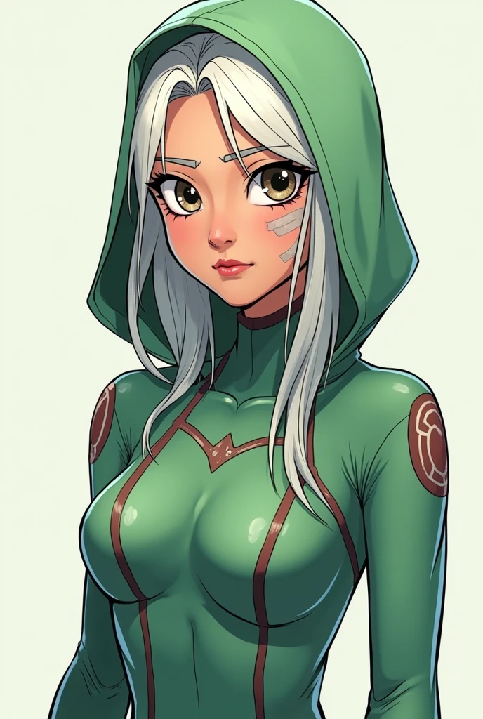 drawn in a spiderverse artstyle, a woman, 20 years old, southeast asian, knee length platinum white thin straight hair (black on the roots), wears light green colored spiderman suit as a top (the suit has a hood), her left eye is, and her right eye is brown, has a big scar across her left eye, light tan skin, white eyebrows and white eyelashes, in a stoic expression