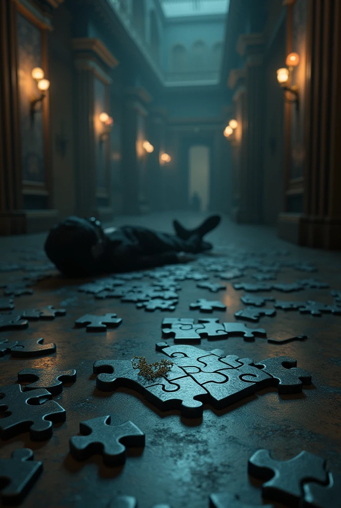 Create an image of a murder in a museum, At the scene there must be a puzzle with a missing piece and it must be nighttime. The victim must be there, not the murderer.. The image should be a little bit far away. The puzzle must be put together but one piece is missing. Back on the floor is not a puzzle there is just a complete board next to the person. I like it just leaves one piece off the board