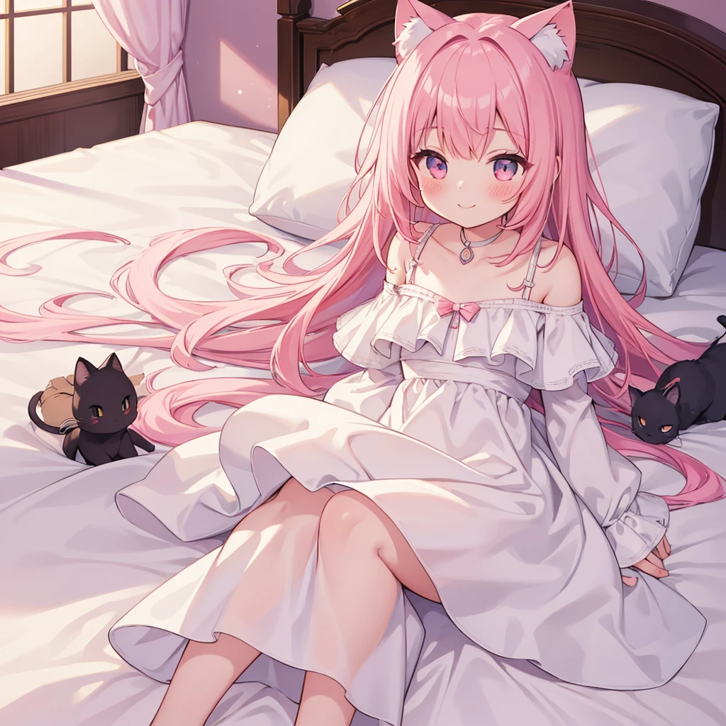 Highest quality, masterpiece, detailed, Dark bedroom, One girl,small,cute,blush,smile,Looking away,Off-the-shoulder dress,White Dress, Pink Hair,Long Hair,Cat ear,Lie on the bed,From below,Cowboy Shot