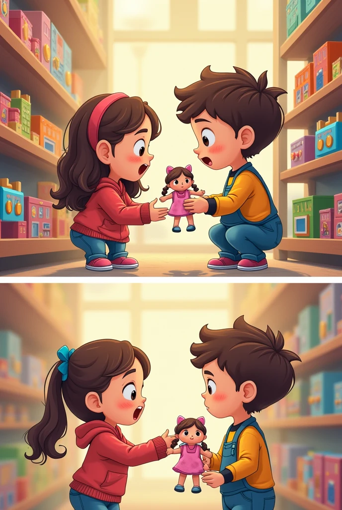 Scene 1: A boy and a girl are in a toy store. Take a truck, and the seller says: "Are you sure you want this?? What about a doll??".
Scene 2: The boy picks up a doll, and the seller says: "Boys should play with something stronger, don't you think?"
Scene 3: Children exchange toys and smile, while a narration says: "Toys are for everyone". create 3 or 4 comics according to this story, make them separate and simplified