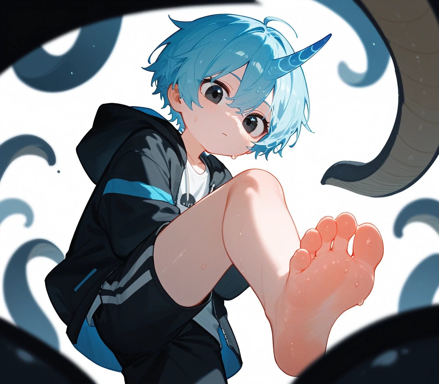 A cute boy showing his stinky feet at low angle,barefoot, Sweating on the soles of the feet, Foot Focus,White T-shirt, Black Hooded Jacket, There are bangs between the eyes,short hair,Light blue hair, Black pants, Anatomically correct, 头部中间有一个蓝色的Unicorn,Unicorn， black eyes, Look at the audience，bothersome，Sitting on another man&#39;Belly，Correct toes，Two feet