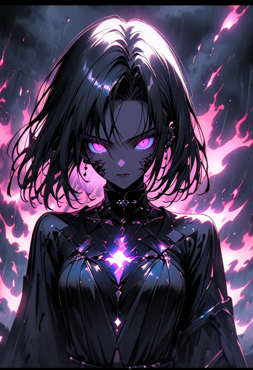A glowing dark girl android 18 dbz fluttering between bright dark flames and iridescent vagalumes under a terrifyingly dark and gloomy sky. [Image of a glowing fairy between black fog and iridescent lights]