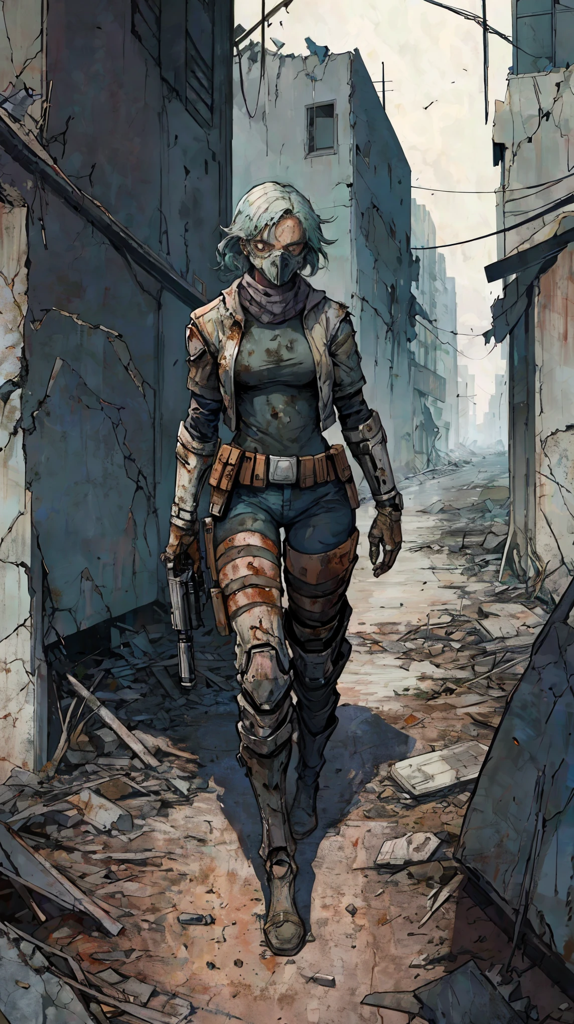 ligne claire illustration of a female bounty hunter, science fiction, post-apocalyptic, crumbling cityscap good hand good body 1k
