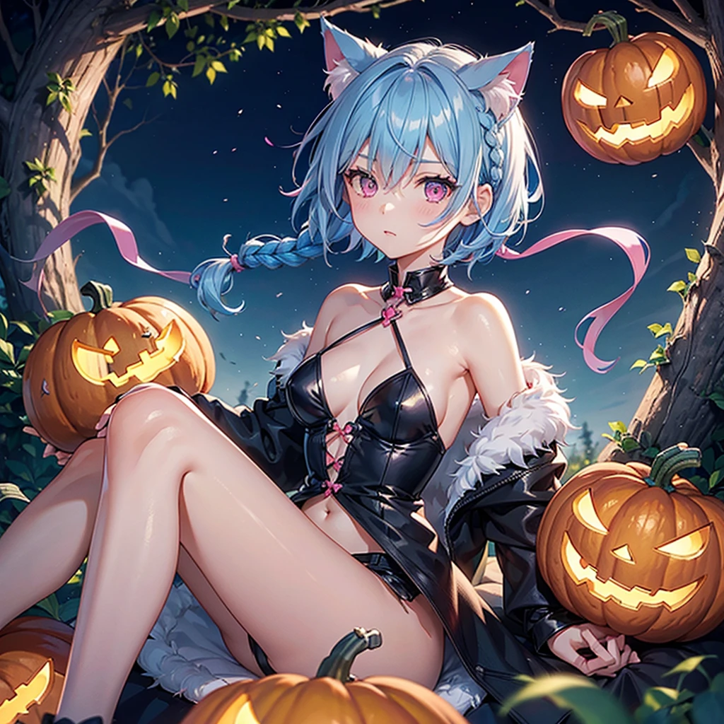 (Sky blue hair),(Braided short hair), (Pink Eyes),Fair skin) ,(whole body),(One Girl),(There are lots of pumpkin ghosts in the background),Cat ear,Cat&#39;s Tail,(Sailor suit),(Ahegao),(Fall into Darkness),If you don't give me sweets, I'll play a prank on you.),Halloween Night Party),(masterpiece, Highest quality, Very detailed, Best Shadow), (Detailed Background), (Beautifully detailed face), High Contrast, (Best lighting, Very delicate and beautiful), ((Cinematic Light)), Hyper Detail,8k, Dramatic Light, Intricate details,night,(Bats flying in the background),High quality