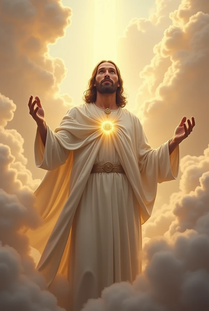 (photorealism:1.2), handsome Jesus Christ, crying while praying in the clouds, wearing white king clothes with  light in his head and heart spreading all over in the clouds, perfect Jesus Christ, real Jesus Christ, perfect five hands, perfect crying face, elegant, soft lighting, many clouds, stand straight, realistic, intricate details, warm colors, by Earl Cornelio Necor