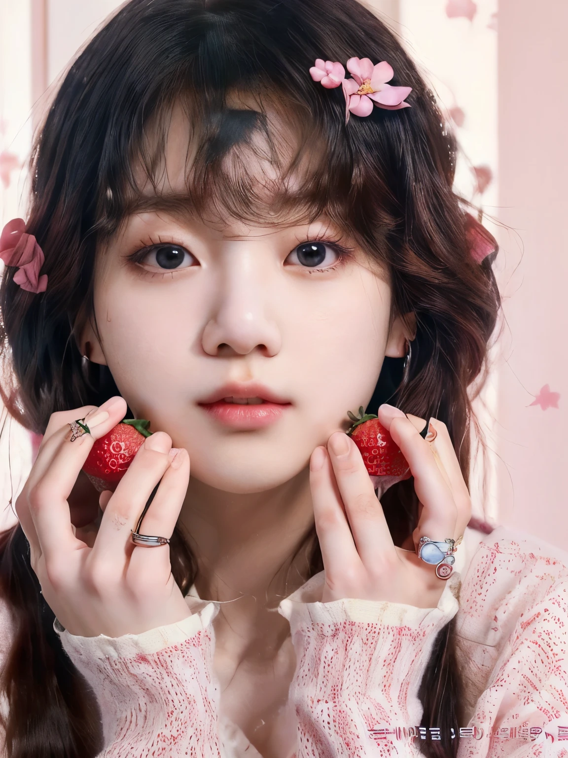 a close up of a person holding a strawberry in their hands, ulzzang, wan adorable korean face, lalisa manobal, kim doyoung, jisoo from blackpink, jisoo of blackpink, lalisa manoban of blackpink, with cute - fine - face, cute natural anime face, cute korean actress, she has a cute expressive face