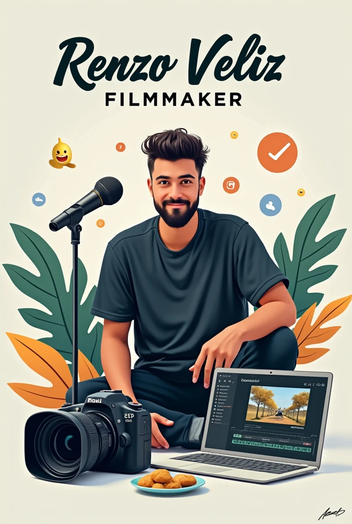 Generate a cover for WhatsApp business background that says Renzo Veliz Filmmaker, add objects related to content creation 
