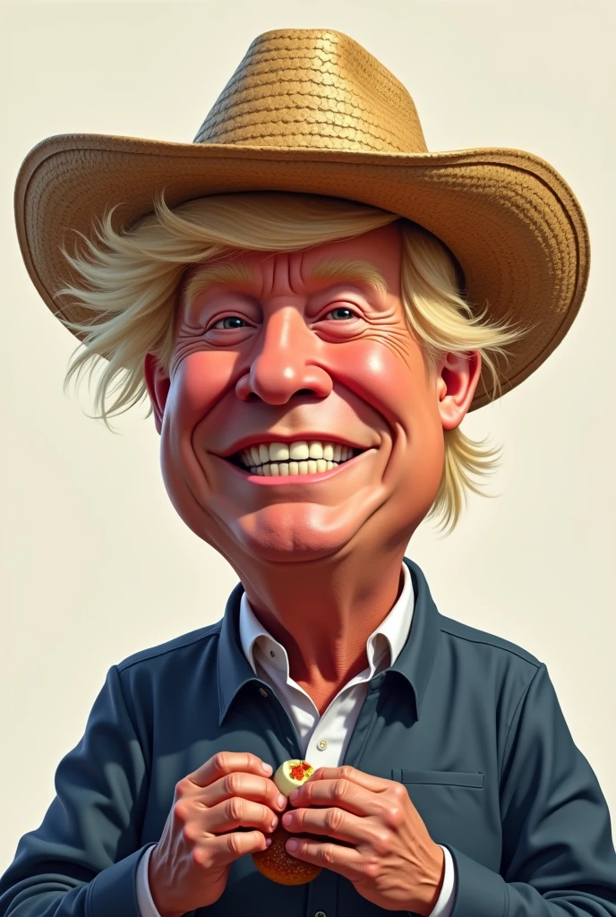 Create an image of a caricature of former presidents trump using a cearense hat. He is holding a small bag of souce