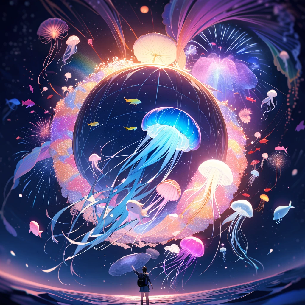 whole body ,From below ,Raised his arms in the air ,Particles of light ,Long and tired rando hair ,Sideburns , Gradient Eye ,look up ,Teen ,Happy ,Seraphim ,{{{masterpiece}}}, {{{Highest quality}}}, {{Very detailed}}, {figure}, {{Very delicate and beautiful}},night,Flying dolphins, beluga,Absurd,employment,Super detailed,Rainbow Jellyfish, Giant jellyfish, Flying jellyfish, 6 years old,{{{{{bubble}}}}},Jellyfish that glow in random colors,Sea of stars, shooting star, School of fish,contrast,local,firework:2
