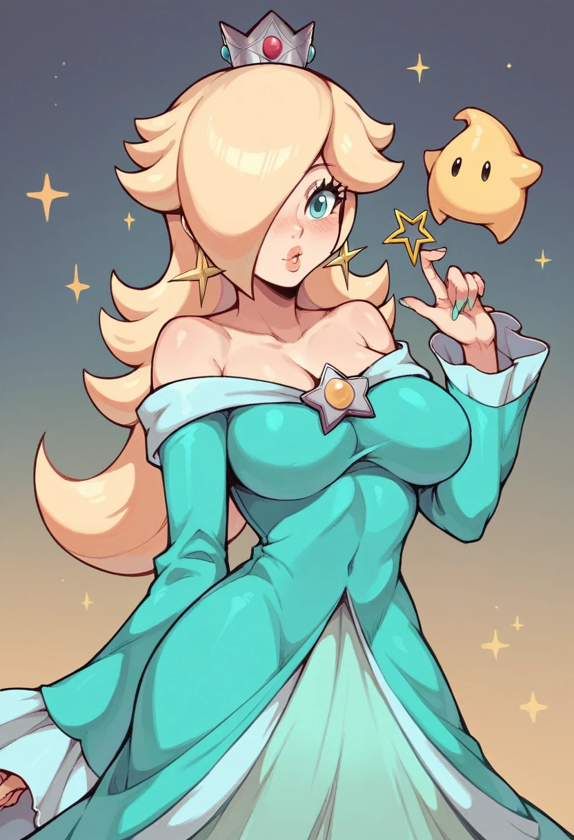 Princess Rosalina as a pornstar, super Mario Bros, Princess Rosalina, pornstar, busty pornstar, (((in a nightclub))), Hot cleavage, (((breasts Focus))), (((viewer grabbing her breasts))), (((viewer hands)))