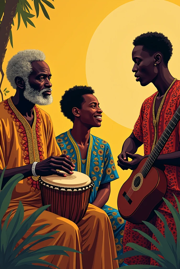 Generate an image of a Djembe,his age,mbira and a Balafon in the same image,and with each person's name below the illustrations