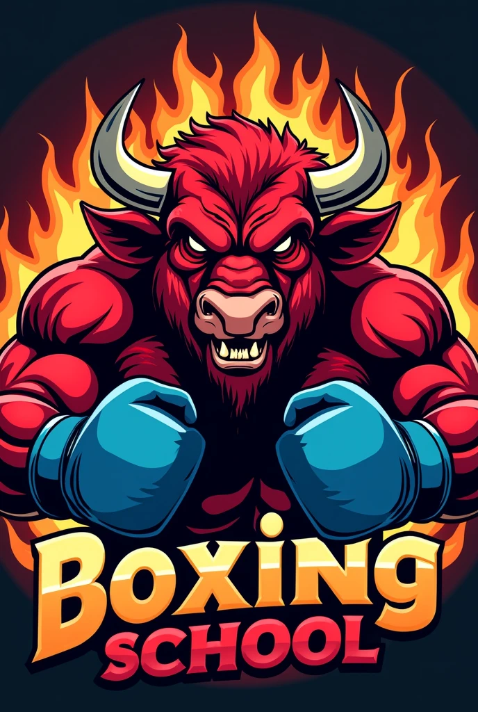 Boxing logo with an angry red Buffalo with blue boxing gloves. And fire around. With the phrase Boxing School in Spanish