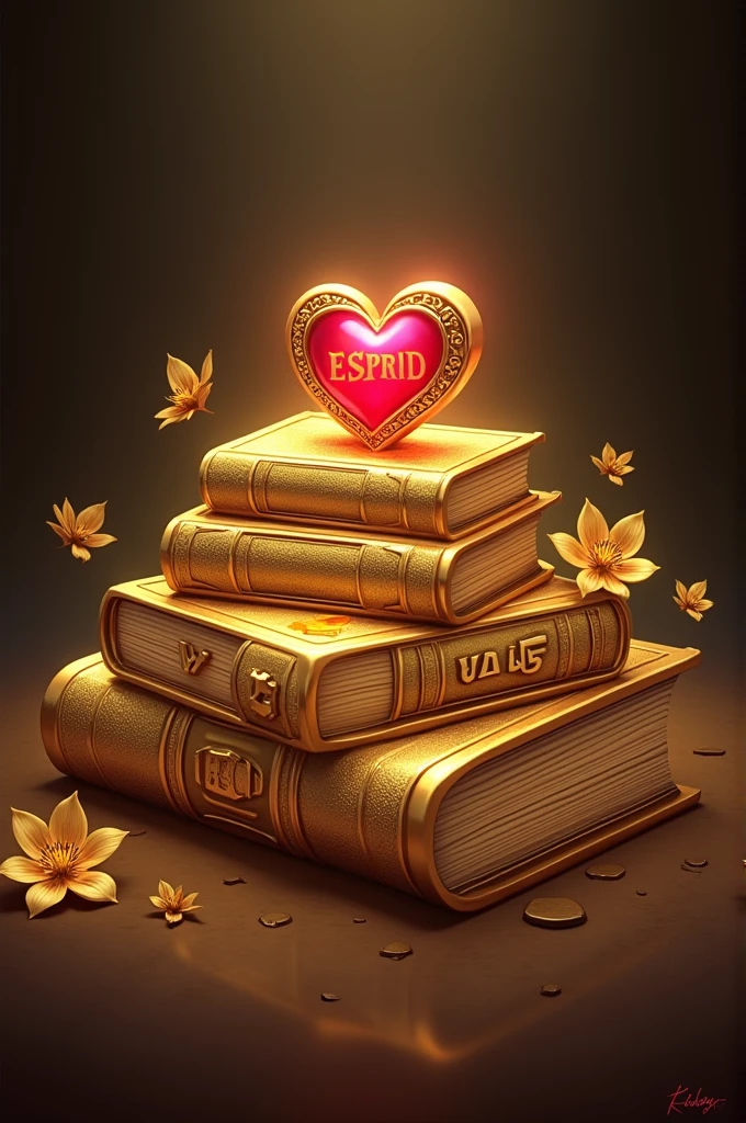 Make me a picture of three horizontal golden books with a cap on top of them and that has a red heart inside it and on its sides golden flowers in the large book that says the word ESPRID and on top in the medium book the word FYA 45 