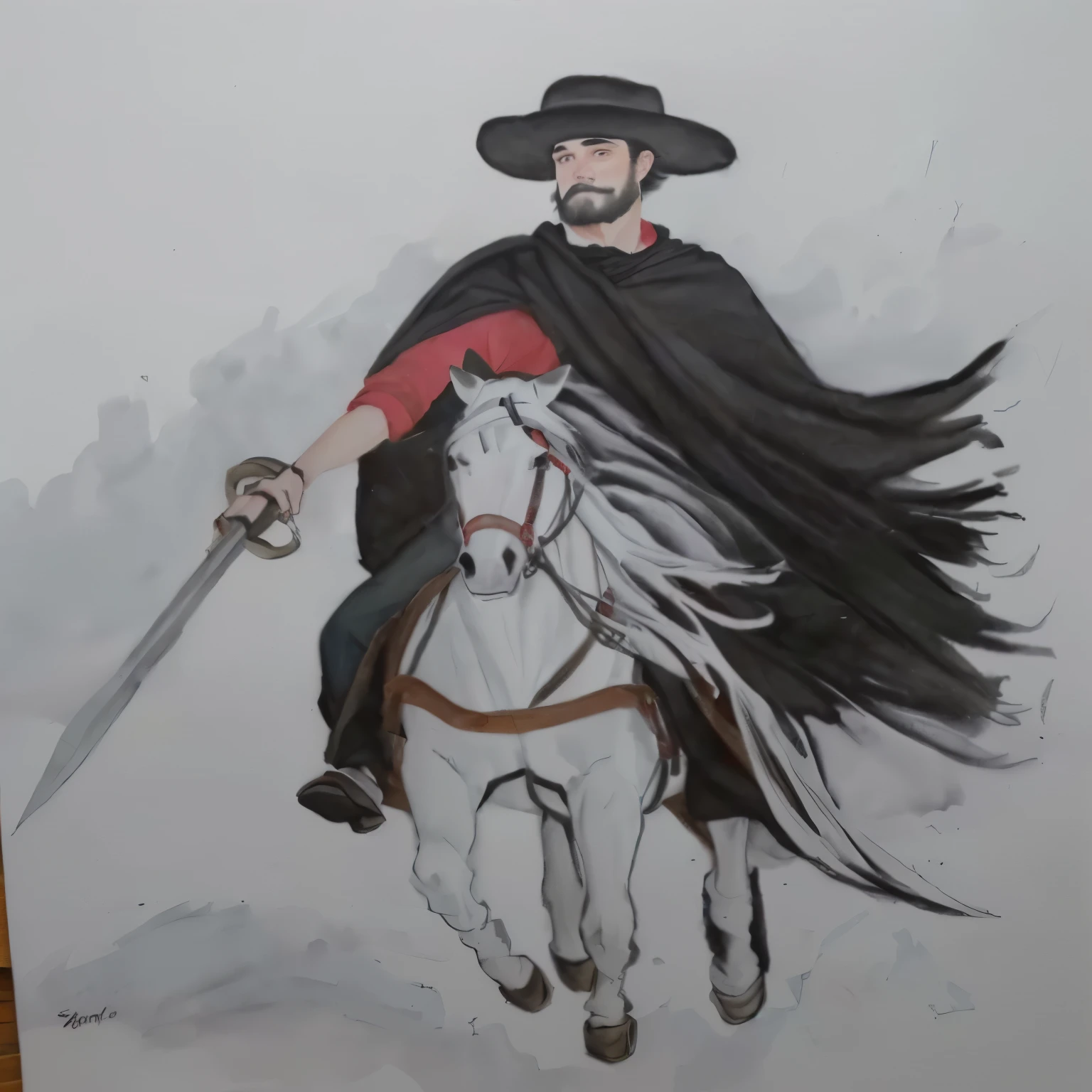 desenho de um nativo Gaucho, homem com red shirt segurando uma espada, bomber pants, Gaucho, black poncho scarf, hat and beard, Riding on a white horse, red shirt, with your black hair, water colour, pastel art, colourful drawing, colored pencil drawing